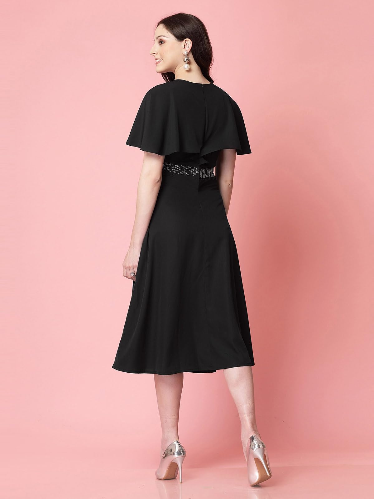 Selvia Women's Western Dress | Stone Work Flutter Sleeve Crepe Western Dress For Women | Round Neck A-Line Dress For Women | One Piece Dress For Women (665Dtk686N-S_Black)