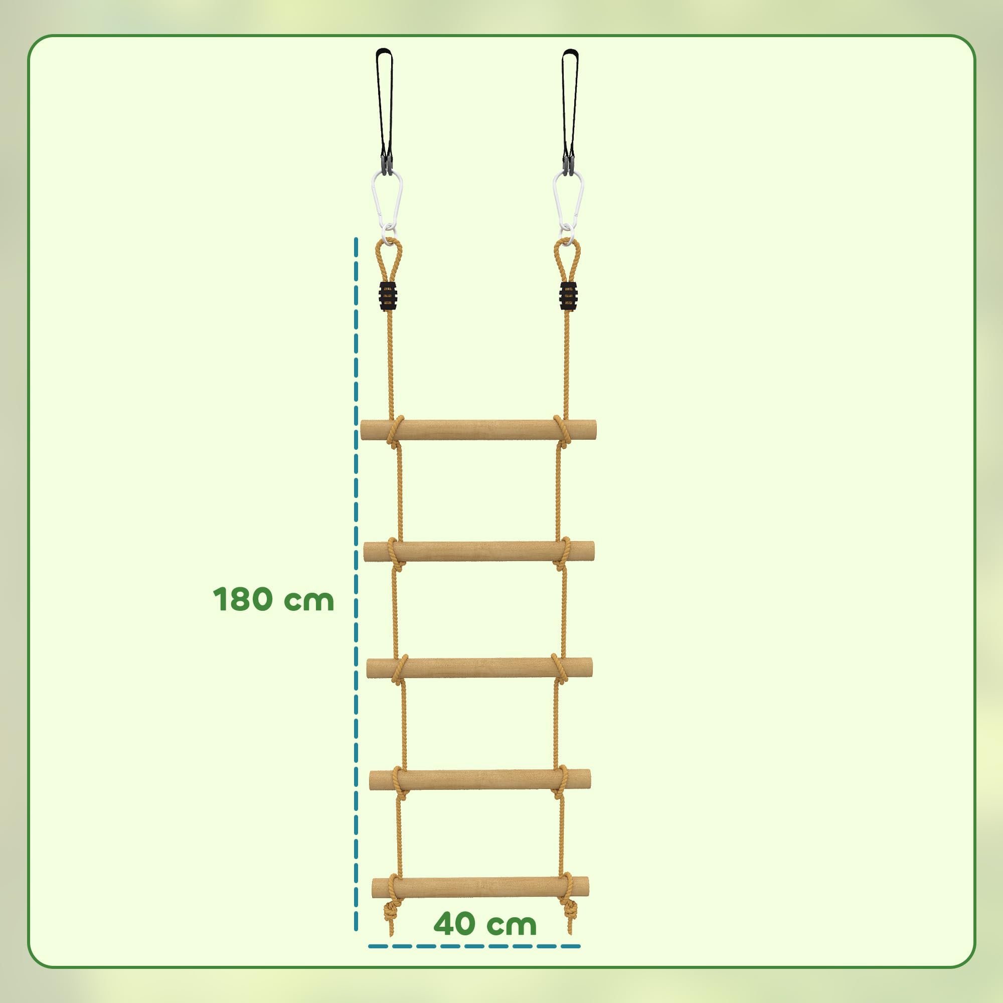 AIYAPLAY Scala di Corda 1.8m, Accessori per Altalene, Corda per Parco Giochi Esterno, Arrampicata a 5 Pioli per Bambini con 2 Moschettoni e 2 Cinghie per Alberi