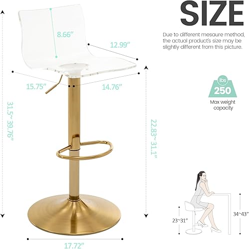 Miniatura 3 de Brage Living Taburetes de bar de acrílico con respaldo medio, juego de 2, taburetes de bar giratorios ajustables transparentes, sillas de bar de