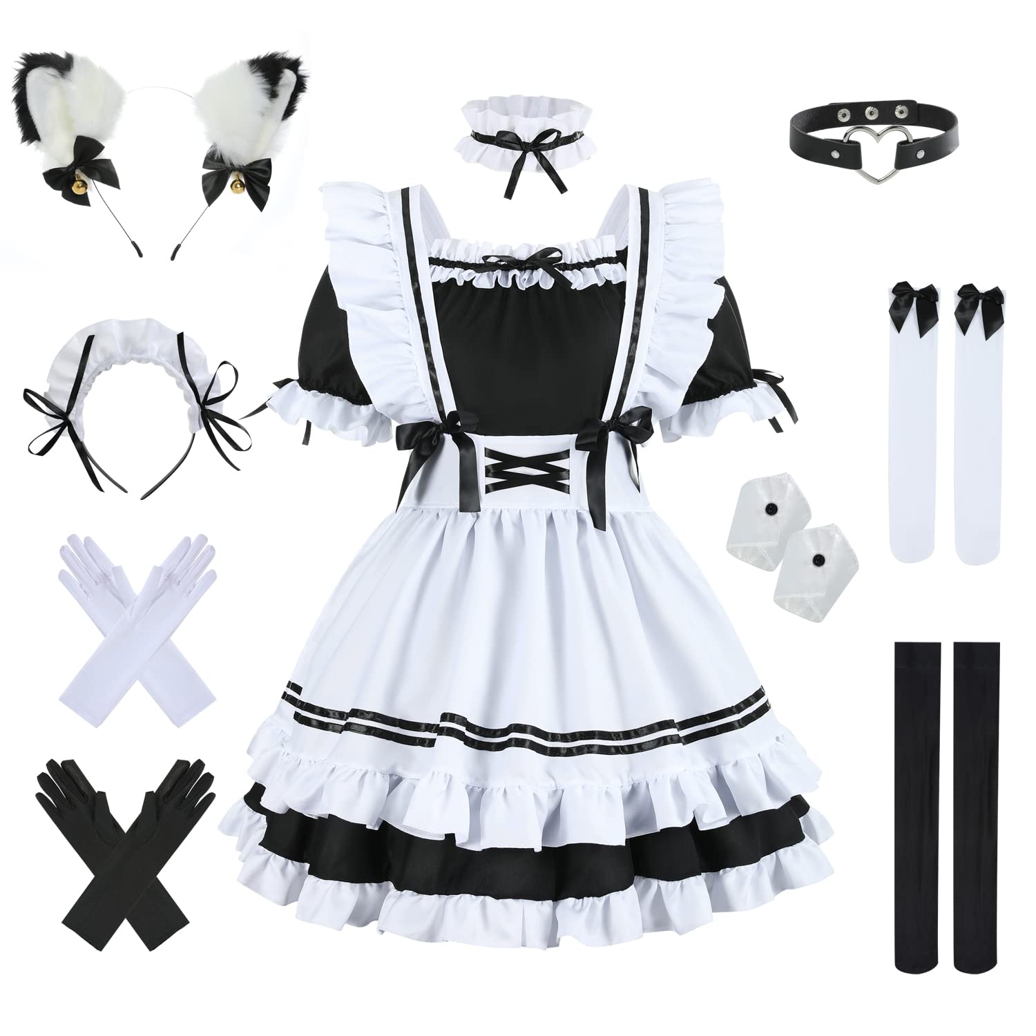 instacos Cute Anime French Maid Dress 12Pcs Cake Skirt Heart Choker Cosplay Costume Party Cat Ear Gloves Socks Set - 3XL - Schwarz