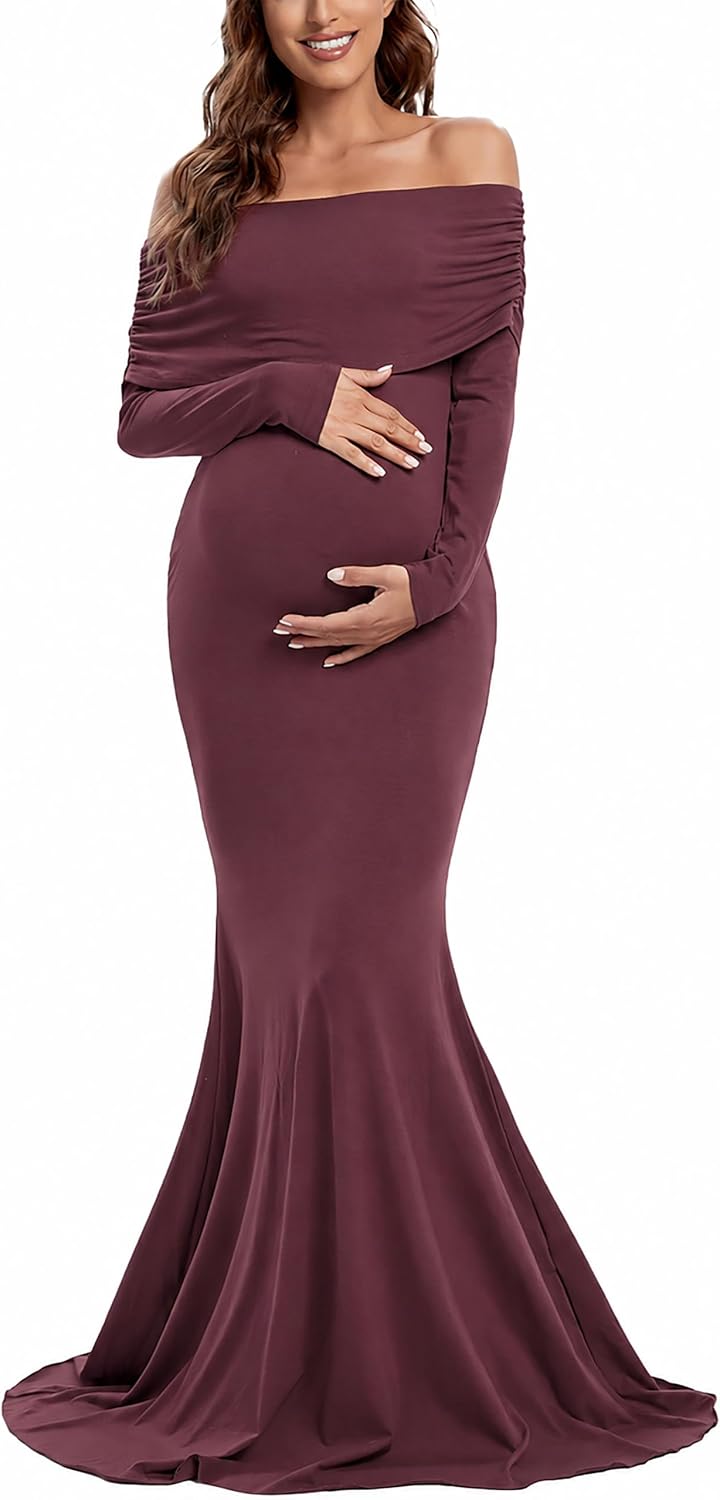 Glampunch Off Shoulder Maternity Dress for Photoshoot,Ruched Maternity Gown