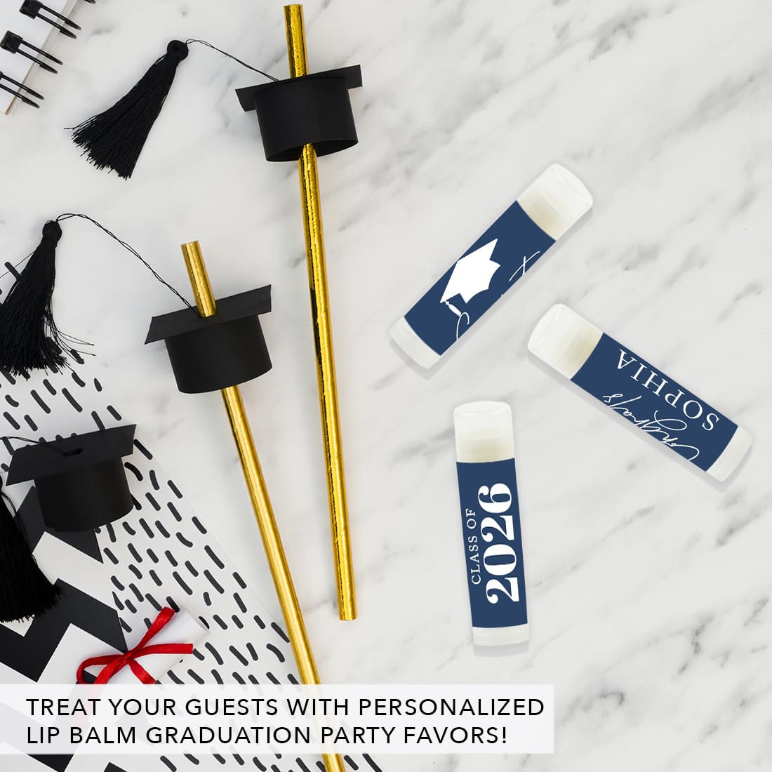 Andaz Press Personalized Lip Balm Class of 2026 Graduation Party Favors for Guests, Graduation Decorations 2026, Custom Name Congrats Party Decorations Supplies, DIY Bulk 12 Pack Lip Balms, 12 Labels