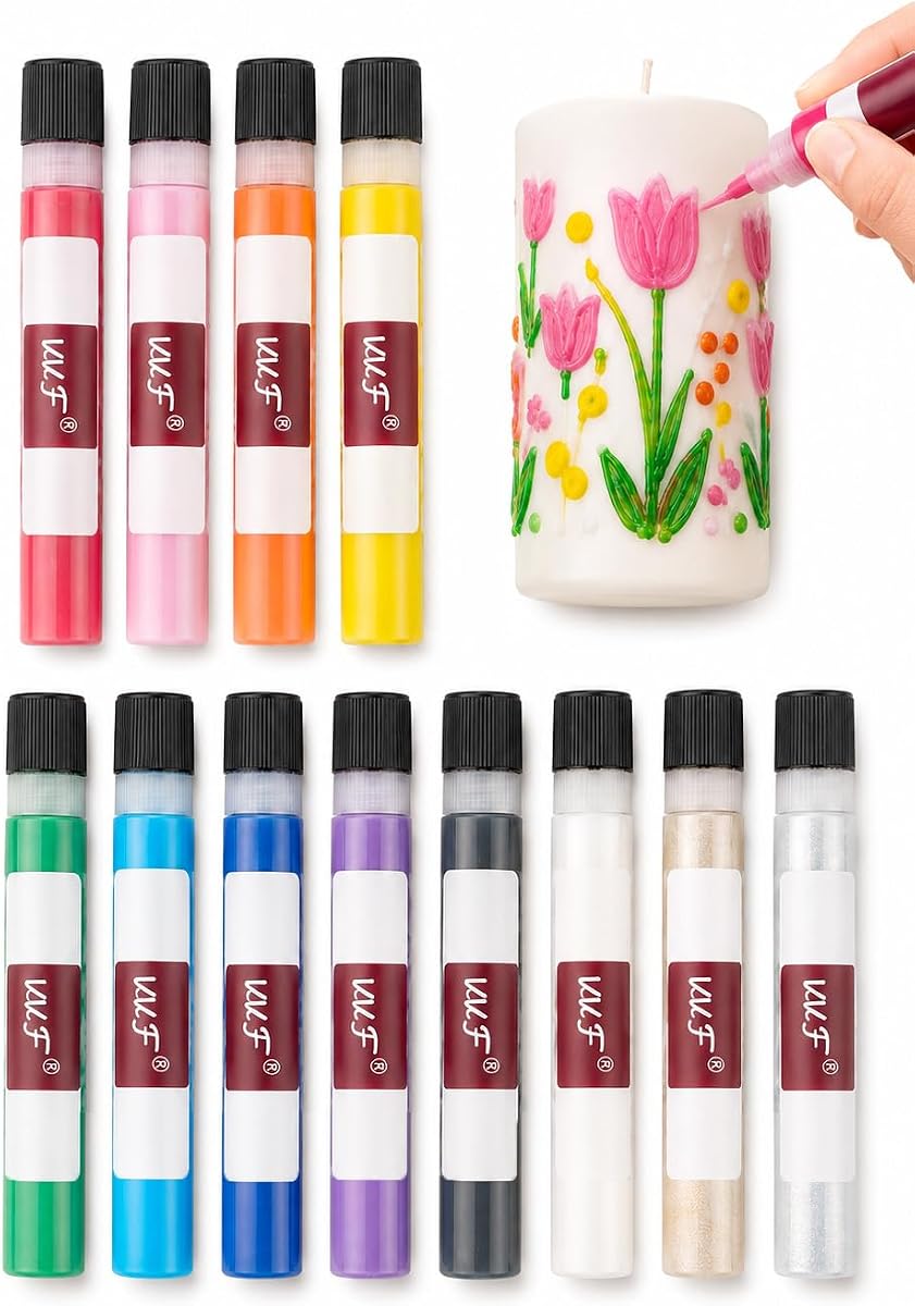 VVF Candle Wax Pen Set – 12 Vibrant Colors with 2 Glitter Pens for Fun DIY Candle Painting, Candle Making, Crafts, Holiday & Party Decorations
