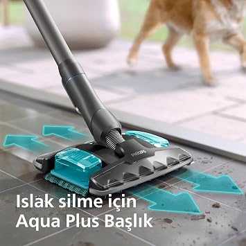 Philips Aqua Plus 8000 Serisi Kablosuz Dikey Süpürge, Süpürür Siler Temizlikte Süper, 360° Güçlü Emiş, Maksimum 80 dk, Saç Dolaşmasını Önleyici, Sert Zeminler ve Halılar İçin, LED Başlık (XC8156/10)