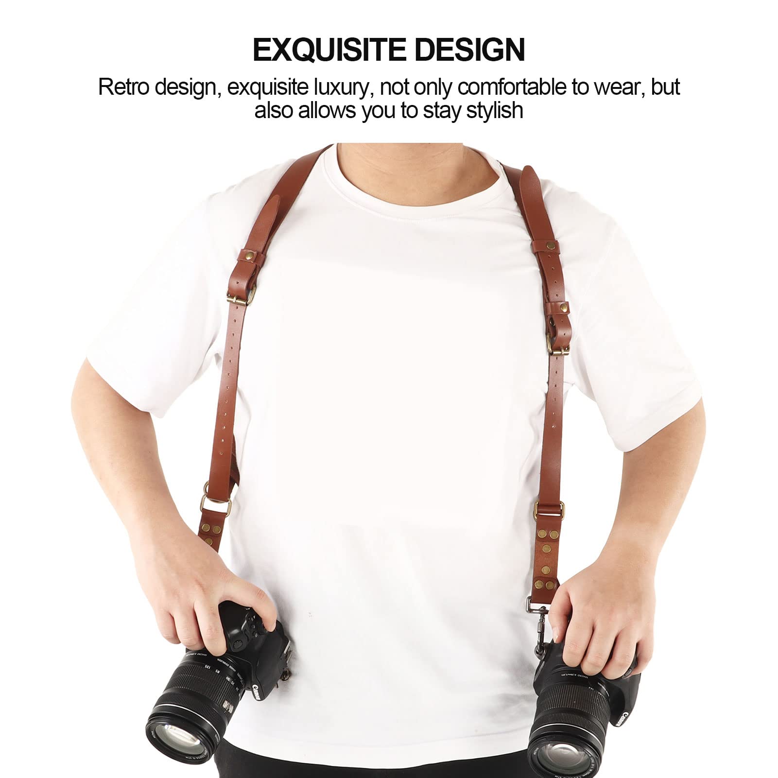 Tracolla per fotocamera doppia in pelle, cinghia per imbracatura per doppia fotocamera per due fotocamere. Imbracatura per doppia fotocamera in pelle regolabile per appendere