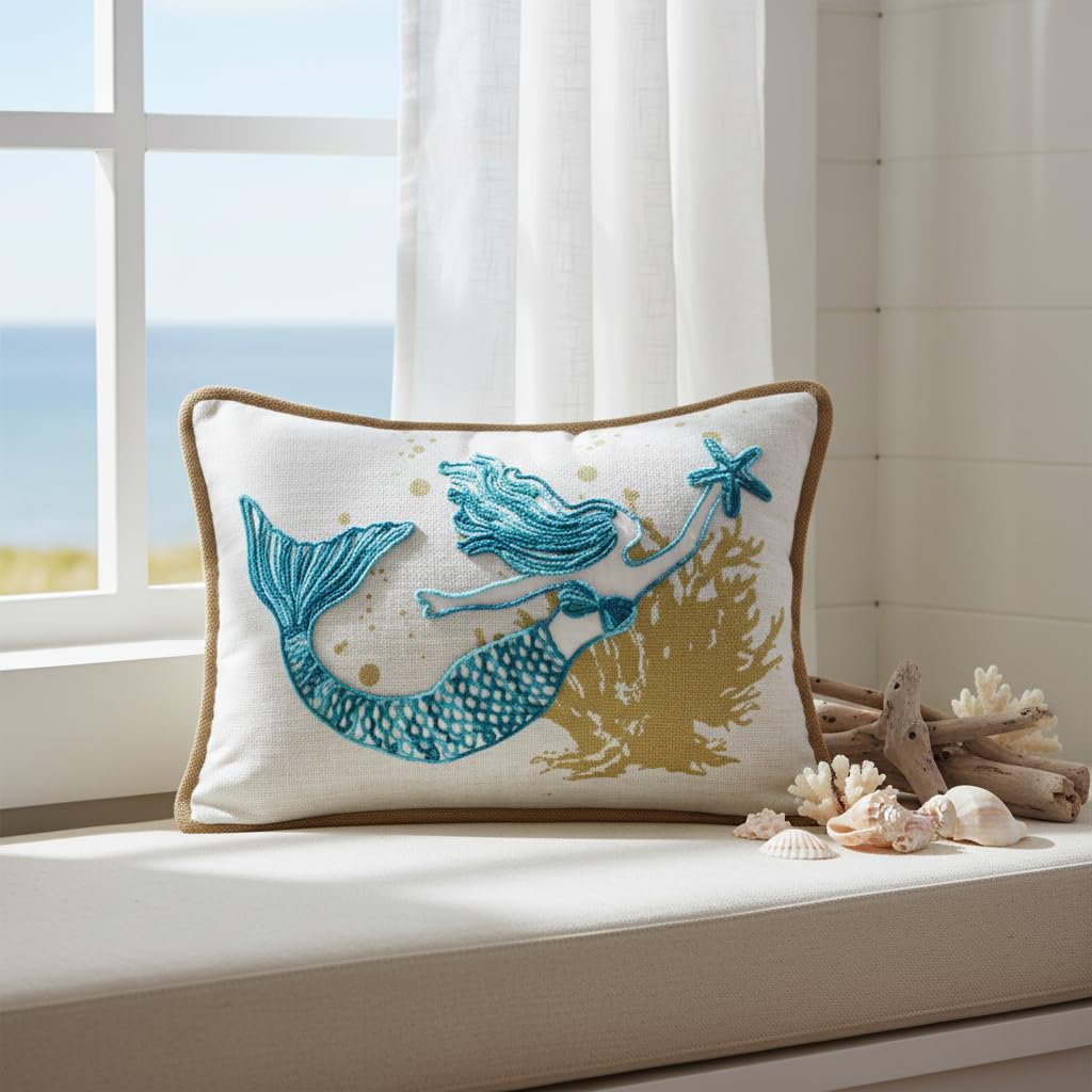Comfy Hour Almohada de sirena de 18 x 13 pulgadas, decoración costera de estrella de mar | Estrella de mar, poliéster bordado azul azulado y dorado, decoración náutica para sofá, cama, sofá, oficina