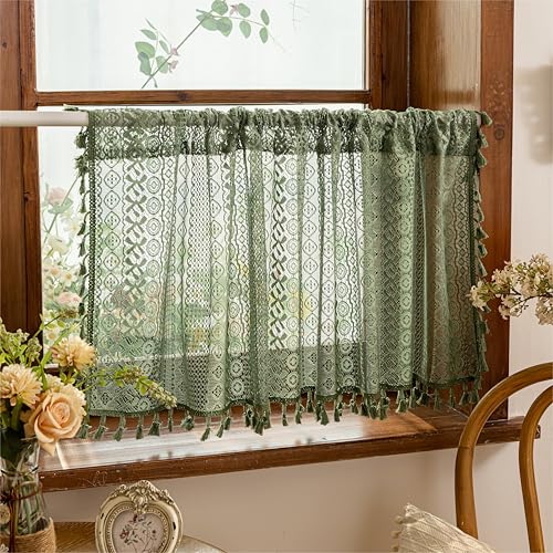 Sutuo Home Olive Green Boho Window Curtains Valance 18 inches Long 2 Panels Farmhouse Lace Sheer Closet Decor Crochet Privacy Vintage Bohemian Tassels Retro Small Kitchen Curtains Rod Pocket 50 W