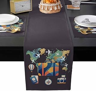 Travel Adventure Table Runner with Placemats Set of 4, Cotton Linen Kitc...