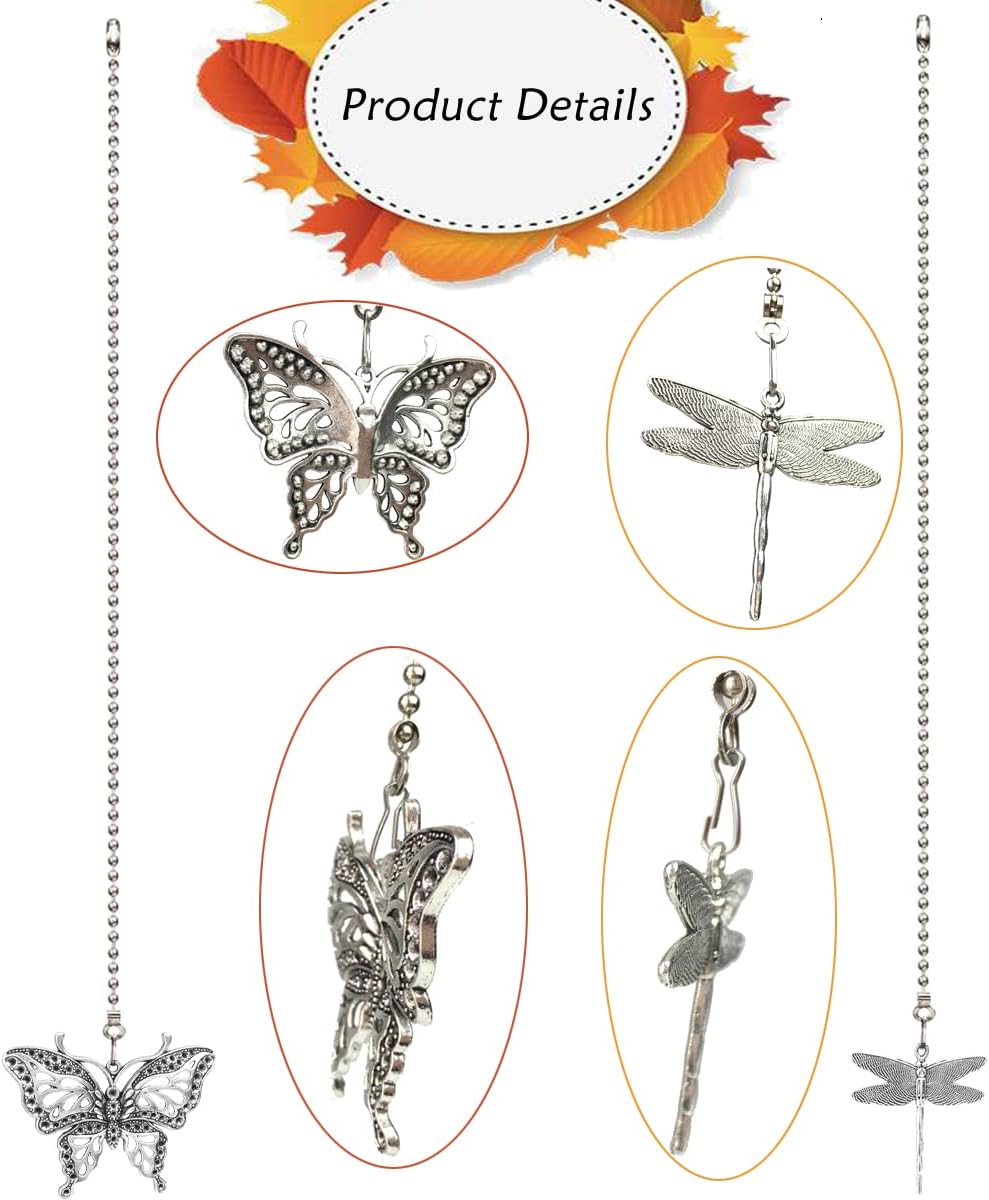 Ceiling Fan Pull Chain Set,Decorative Fan Pull Chain Pendant Extension,12 Inches Lighting & Fan Beaded Ball Fan Pull Chain Extender with Connector,Dragonfly and Butterfly,2Pack (Silver)
