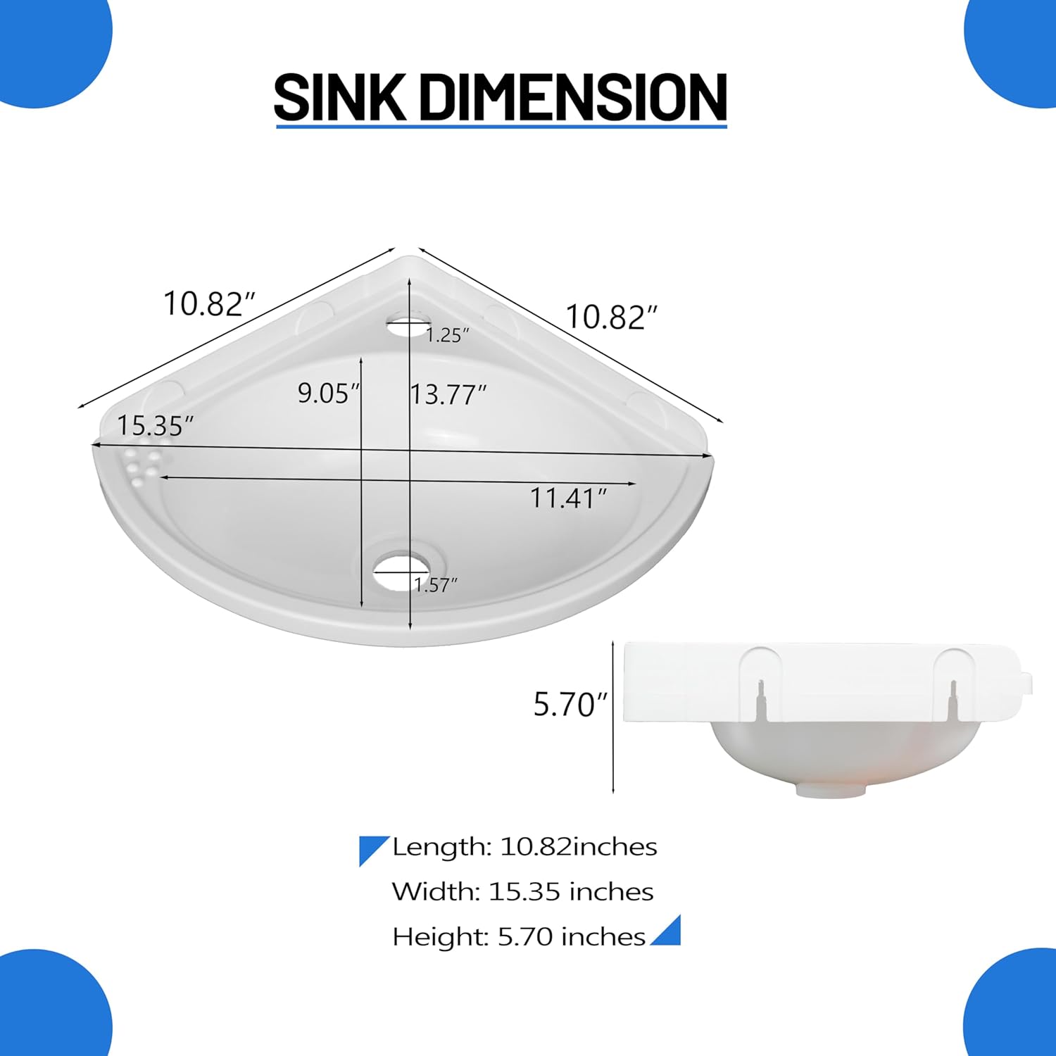 Small Bathroom Sink Wall Mount Bathroom Corner Sink, Triangular wash basin No-Drill Installation Self-Adhesive 12 x 12 Inch with 1.26 Inch Faucet Hole, Mini Rv sink Plastic Sink for Home, Dorm, Garage