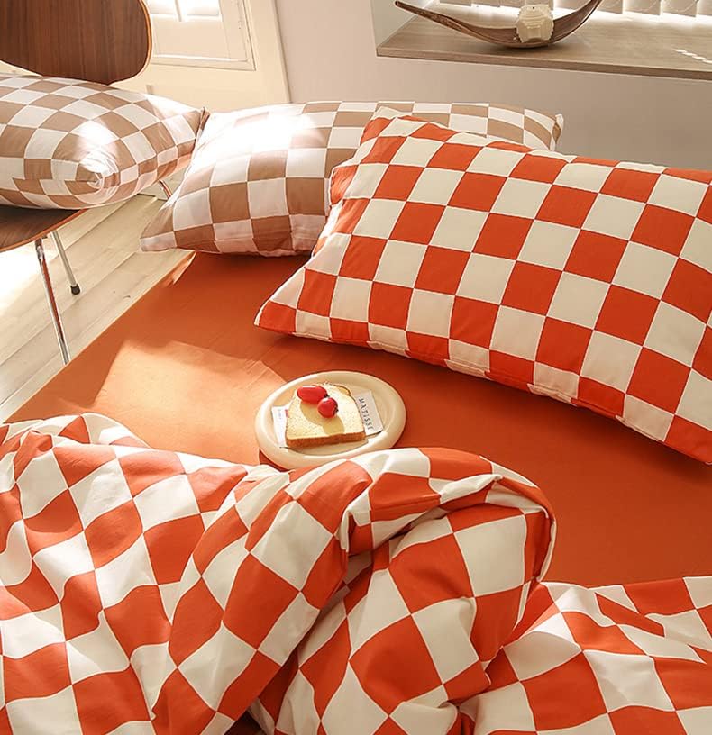 Image of KAREVER Orange White Grid Comforter Set Full Burnt Orange Plaid Bedding Set Girls Reddish White Checkered Bed Blanket Set Kids Breathable Durable Bedding Comforter Set