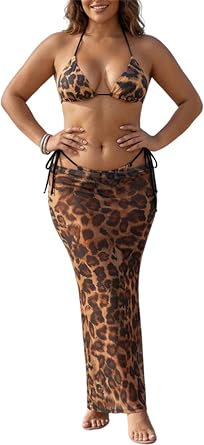 CALEBGAR 3 Piece Swimsuits for Women Sexy Triangle Cheeky Bikini Set with Mesh Skirt Cover Up Summer Beach Vacation Outfits