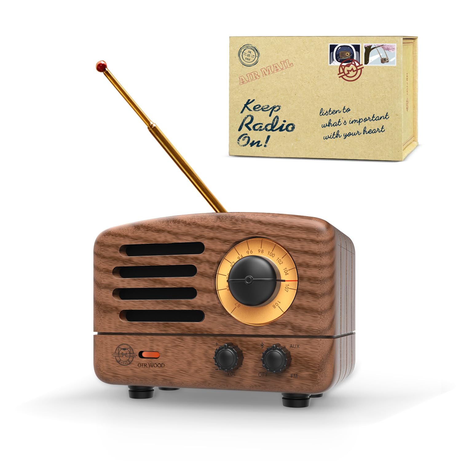 Portable Bluetooth Speaker, OTR Wood Vintage Small Wireless Speaker, FM Radio with Antenna AUX, 10h+ Long Playtime, High Fidelity Stereo Audio with Suitcase, for Gift Home Picnic