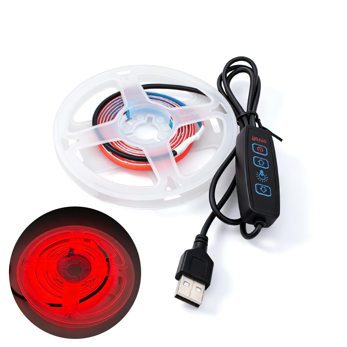 Innfeeltech 1M COB LED Light Strip, 5mm Width 5V Red 400LEDs/m Light Strip, USB Connector with Dimming Button