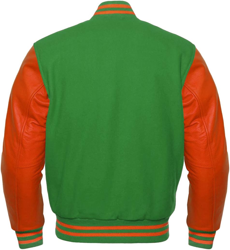 Men's Varsity Letterman Green Wool Jacket with Orange Leather Sleeves