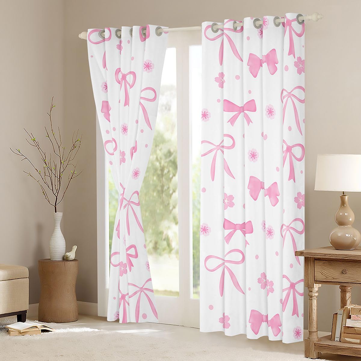 Homewish Wstążka różowa kokardka zasłony okienne, 117 x 183 cm, 2 zestawy paneli – urocze kwiaty, zasłony zaciemniające, marzycielska księżniczka, kreskówka, muszka, zasłony okienne, piękna kokardka