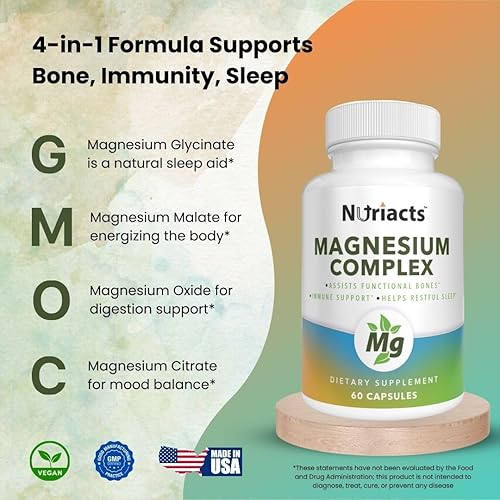 Miniatura 2 de Complejo de magnesio 60 cápsulas energía 4 en 1, estado de ánimo, sueño, apoyo digestivo con aquamina, suave al estómago, fórmula de alta absorción