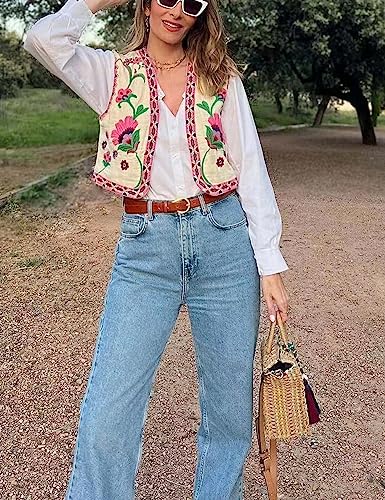 Yimoon Women's Vintage Floral Embroidery Vest Casual Open Front Sleeveless Cardigan Waistcoat (Pink-M)3
