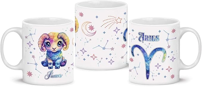 Custom Aries Zodiac Sign Ceramic Mug, Customized White Cup With Astrology Design, Personalized Choose Name Coffee Cup, Horoscope Full Wrap Mug 11oz Or 15oz, Gift For Family, Friend