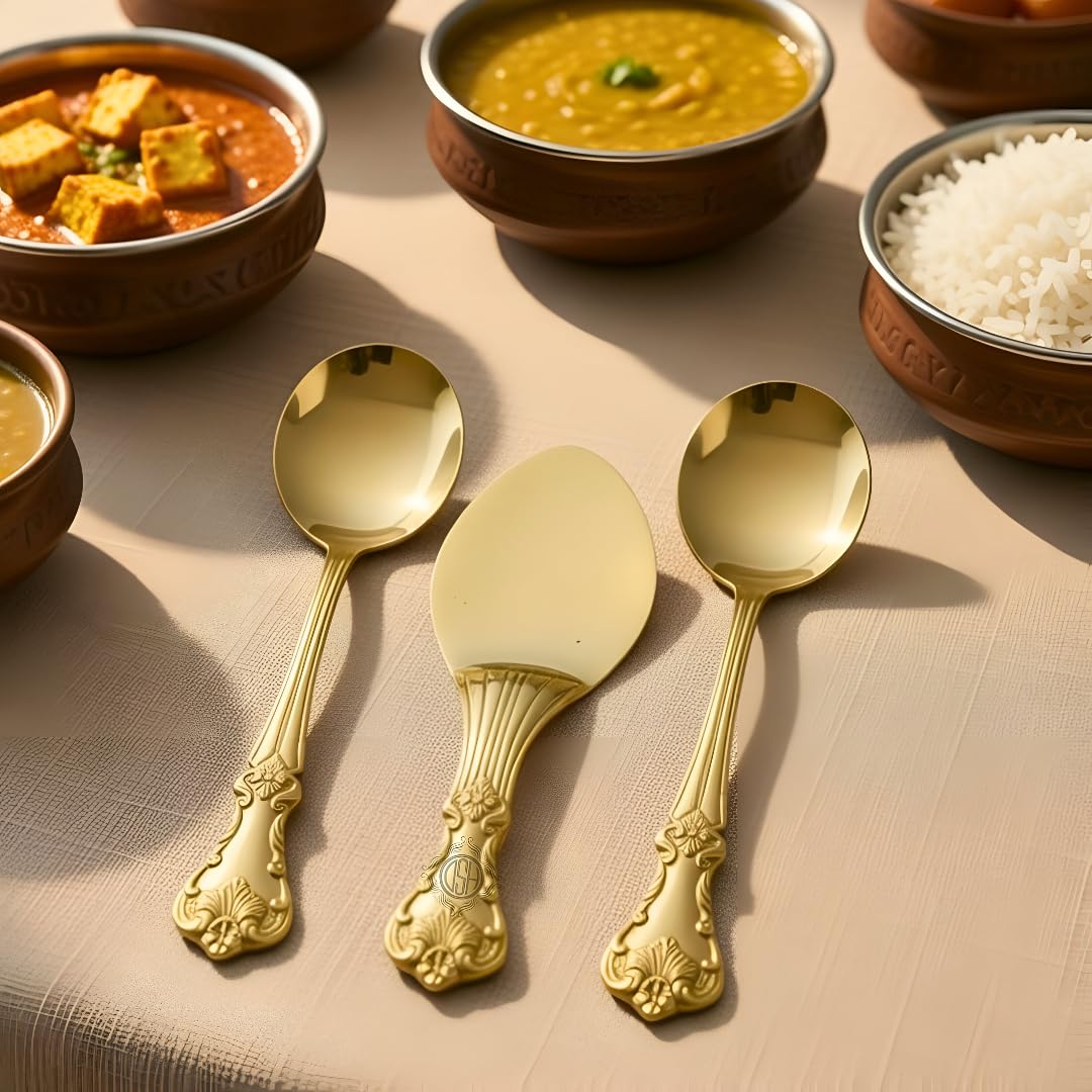 DSH Pure Brass Spoon Set of 3 Cooking and Serving Spoon Set Embossed Design for Home Hotel and Restaurant.-image-2