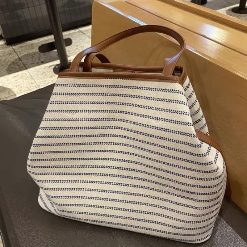 Bolso tote para mujer, de gran capacidad con rayas, estilo informal y relajado para trabajo, bolso de hombro de lona con cierre magnético miniatura 2