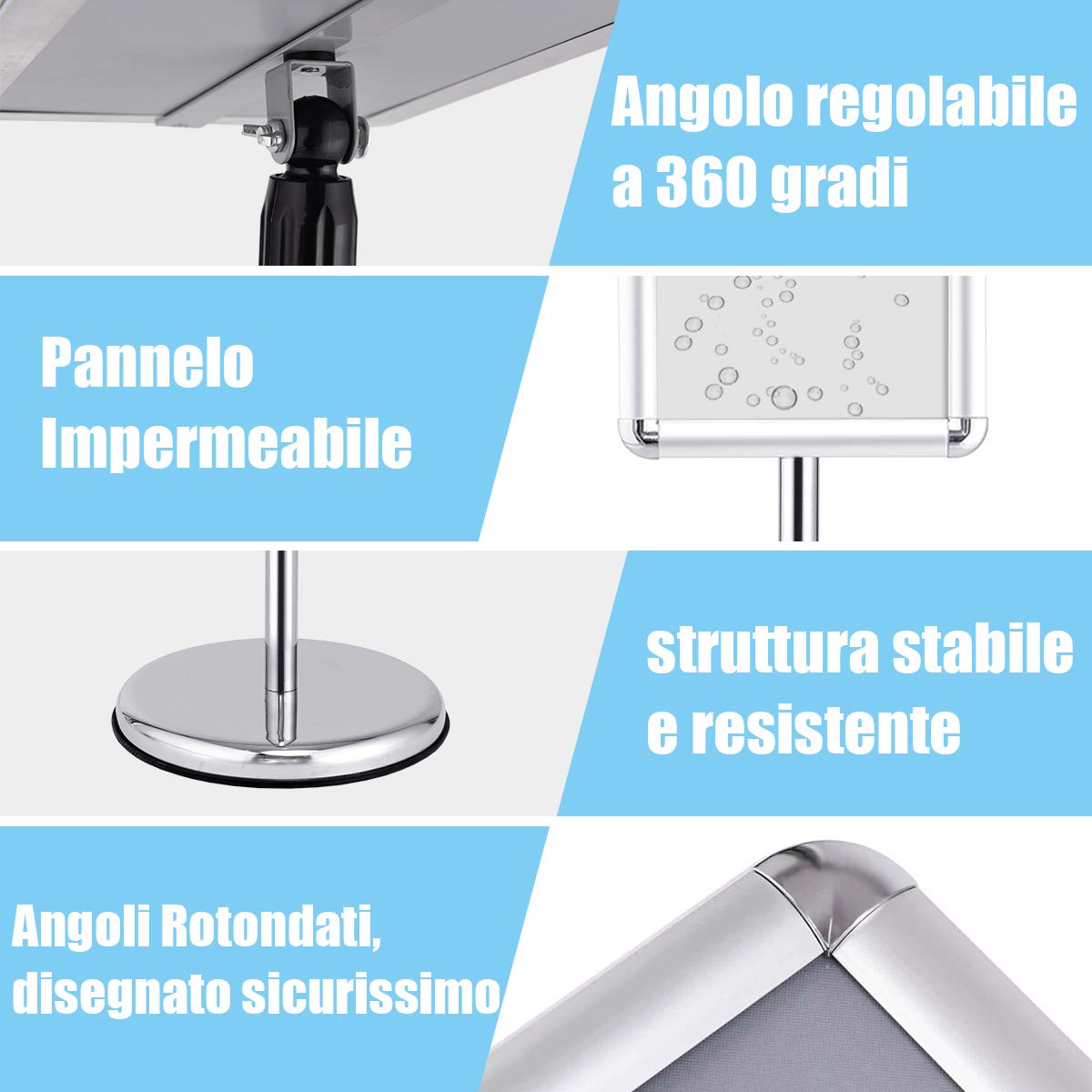 GYMAX A4 Stand Poster Menù, Supporto per Informazioni, Espositore da Terra, Altezza Regolabile, Pannello Girevole, Base Stabile, Porta Pubblicità per Negozio, Ristorante e Bar (Argento)