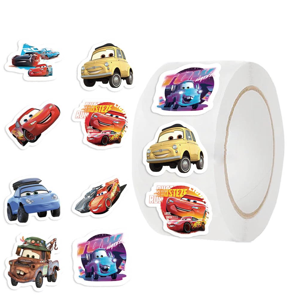 500Pcs Cars Stickers for Kids,1 Inch Reward Stickers in 10 Patterns,Cartoon Decal Rolls Self Adhesive Seals for Kids Girls Boys Teen Birthday Party Decorations Water Bottle Scrapbook (Car)