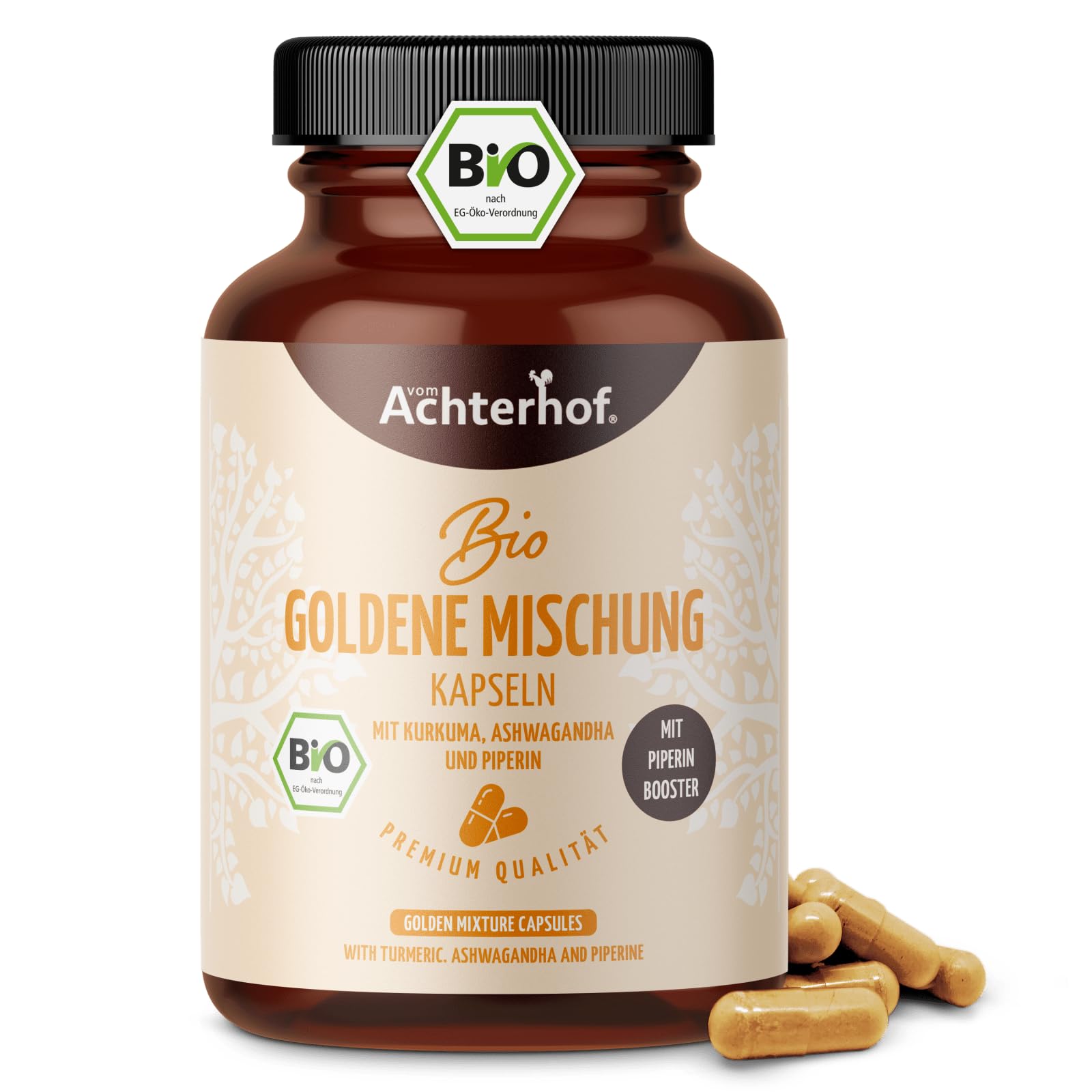 Goldene Mischung Kapseln Bio 120 Stück | mit Kurkumapulver, Ingwerpulver, Ceylon Zimt, Ashwagandhapulver und Schwarzem Pfeffer | das Beste aus der ayurvedischen Lehre | Bio-Qualität | vom Achterhof