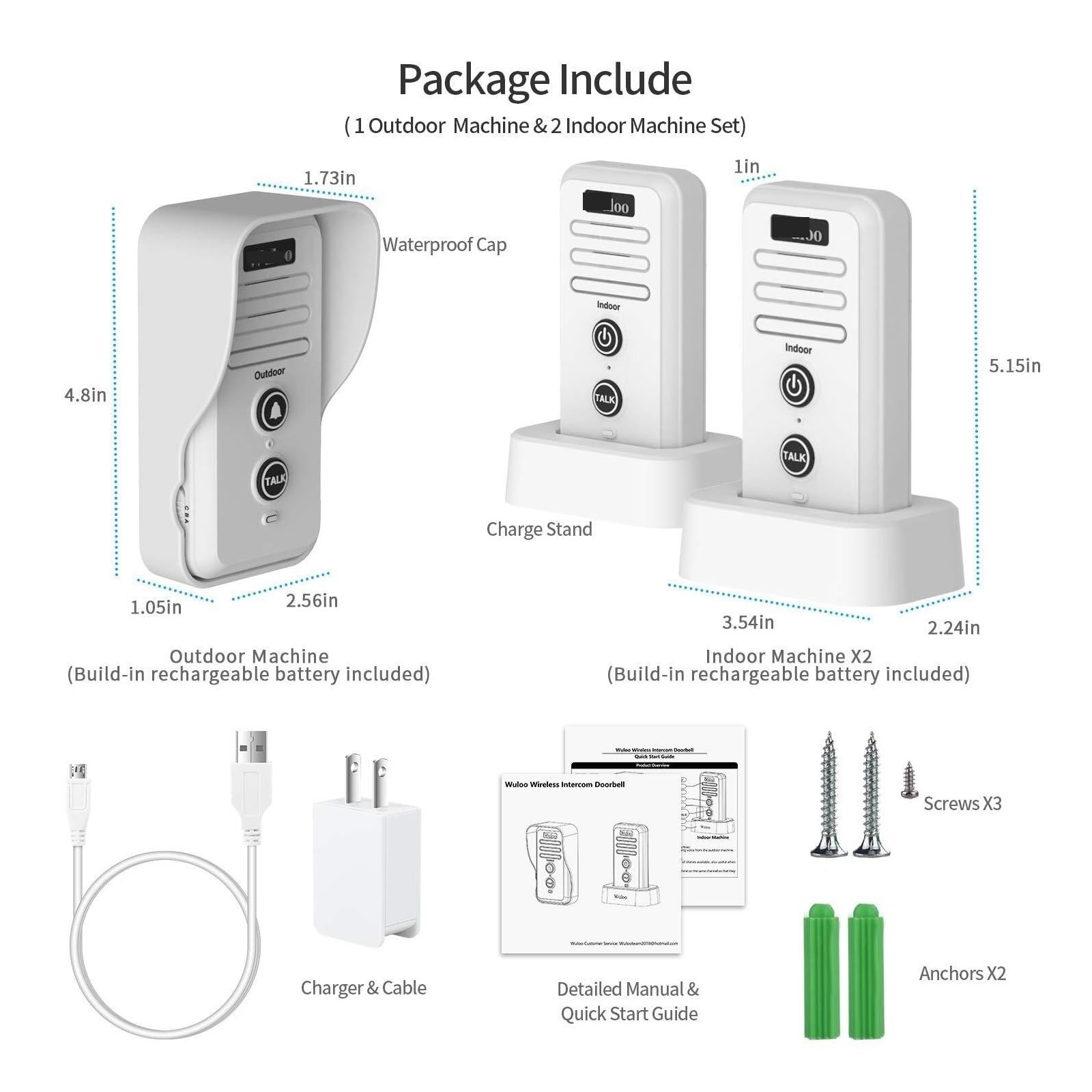 THikk Sonnette électronique sans Fil, portée de 1/2 Miles, interphone for Carillon de Porte, Intercomunicador Rechargeable, Carillon électronique étanche(1T2 Set White,UK Plug)