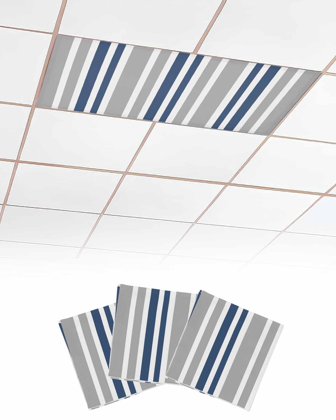 EwdeWwo Striped 3 Pcs Fluorescent Light Covers for Ceiling Lights, Navy Blue Gray Magnetic Light Filters for Eliminate Harsh Glare Classroom Office Decoration, 4 x 2 Ft