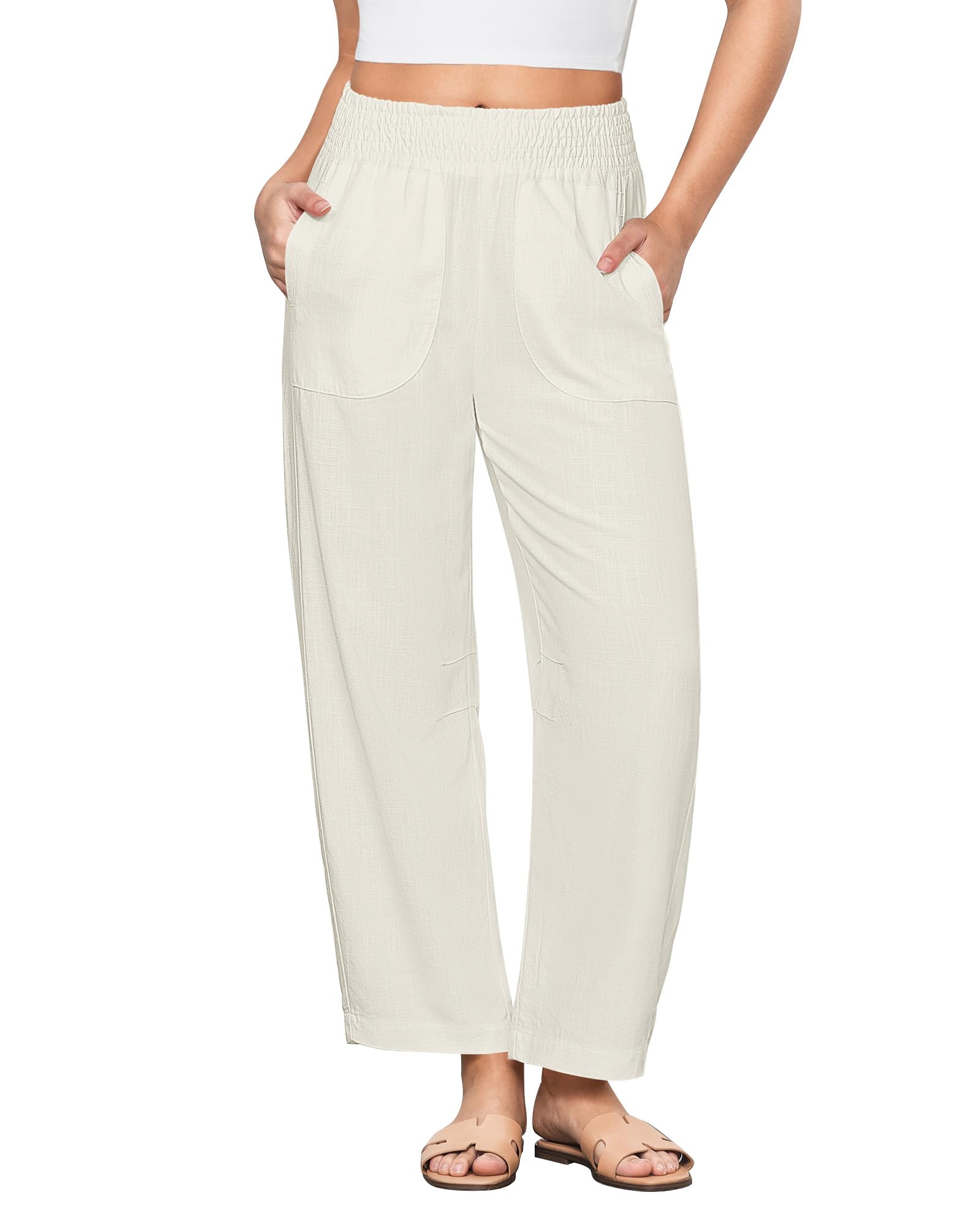 GRAPENT Linen Pants Women Wide Leg High Waisted Cropped Barrel Pull On Smocked Elastic Waist Summer Pants with