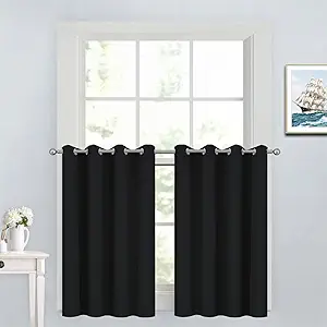 Yakamok Functional Thermal Insulated Eyelet Top Room Darkening Curtain Panels, Energy Efficient Kitchen Grommet Top Curtains for Short Window/Basement (52W by 36L, Black, 2 Panels)