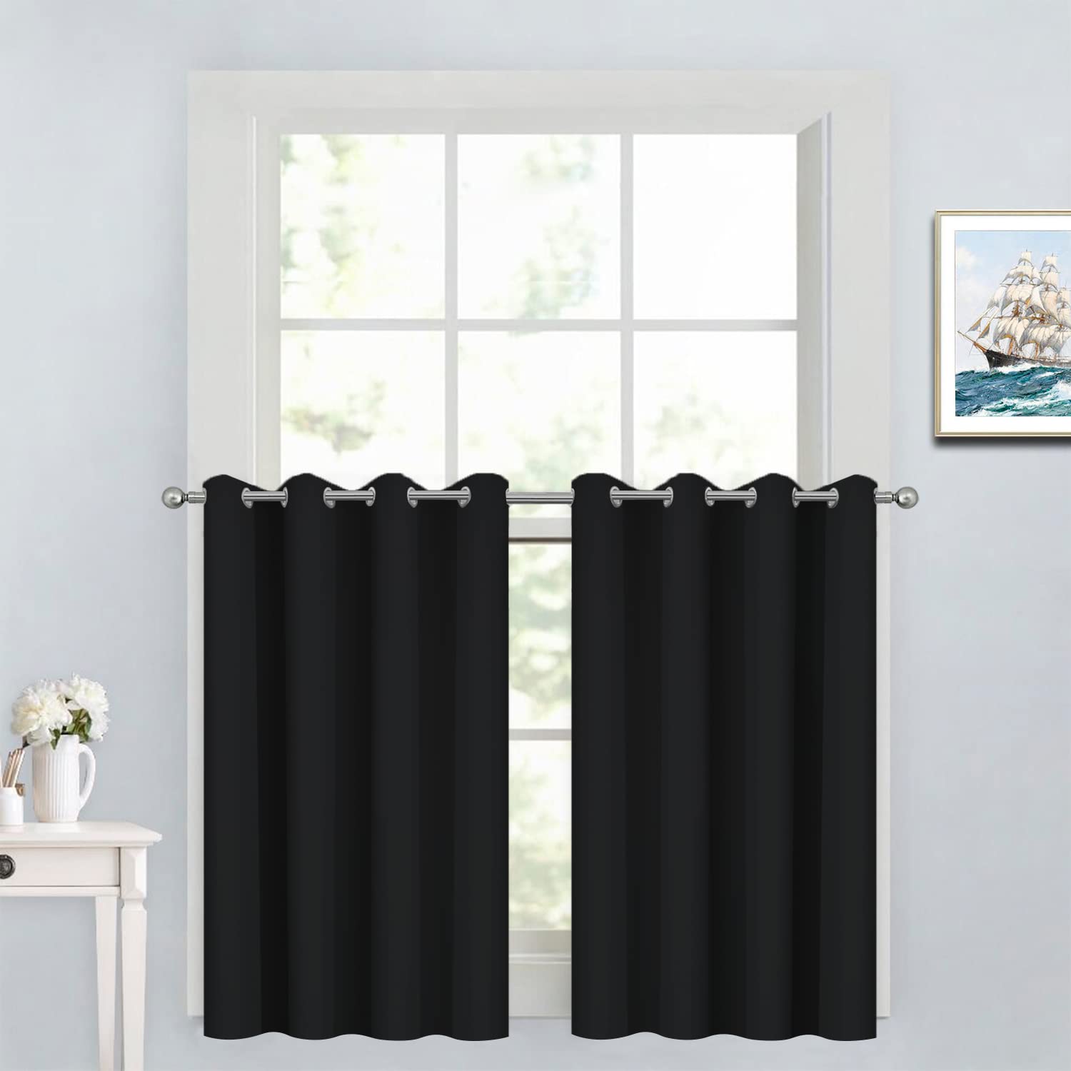 Yakamok Functional Thermal Insulated Eyelet Top Room Darkening Curtain Panels, Energy Efficient Kitchen Grommet Top Curtains for Short Window/Basement (52W by 36L, Black, 2 Panels)