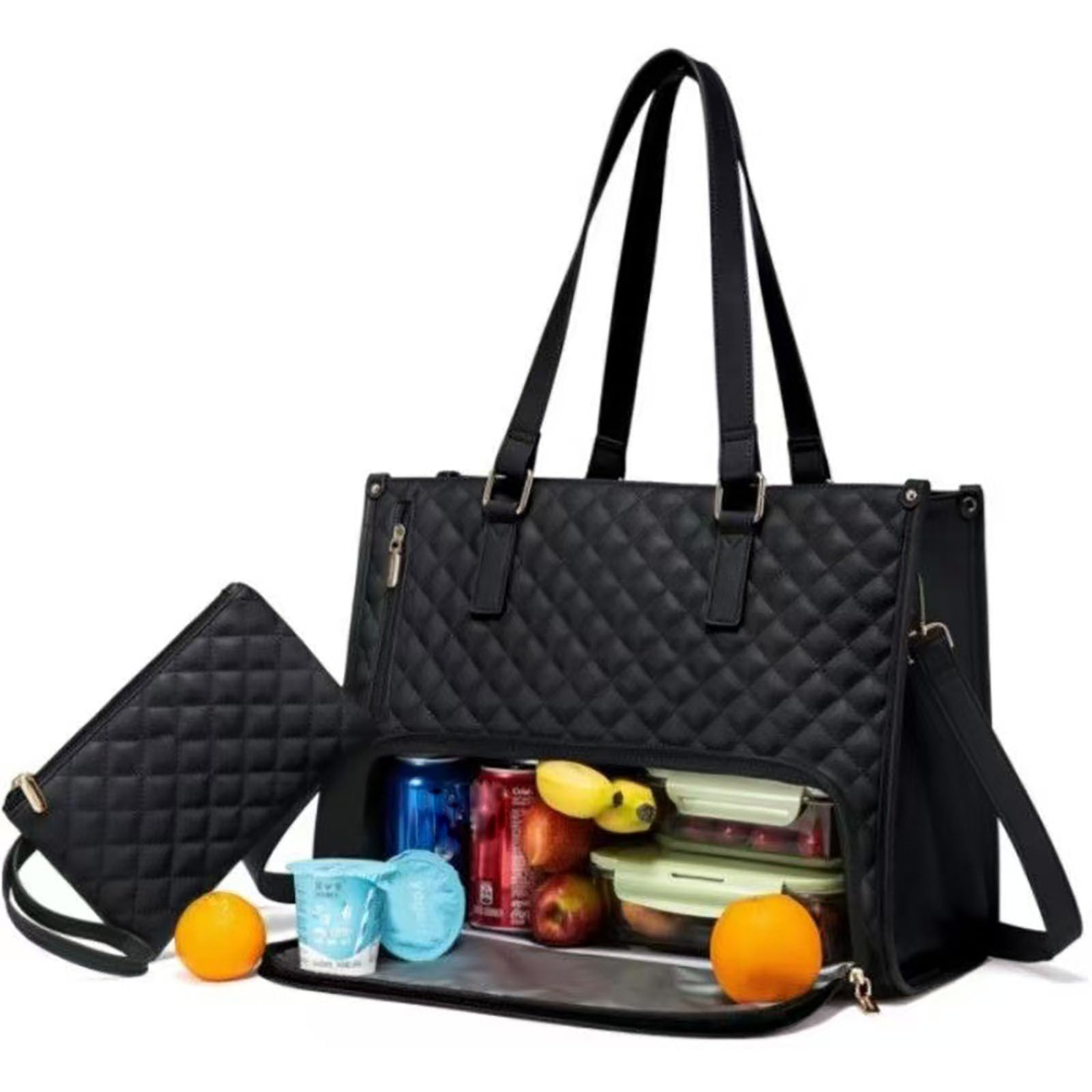 Packuum 3 in 1 Tote Bag, 2025 NEW 2 in 1 Tote Bag Lunch Bag Combo with Insulated Lunch Compartment, 15.6 Inch (Black)