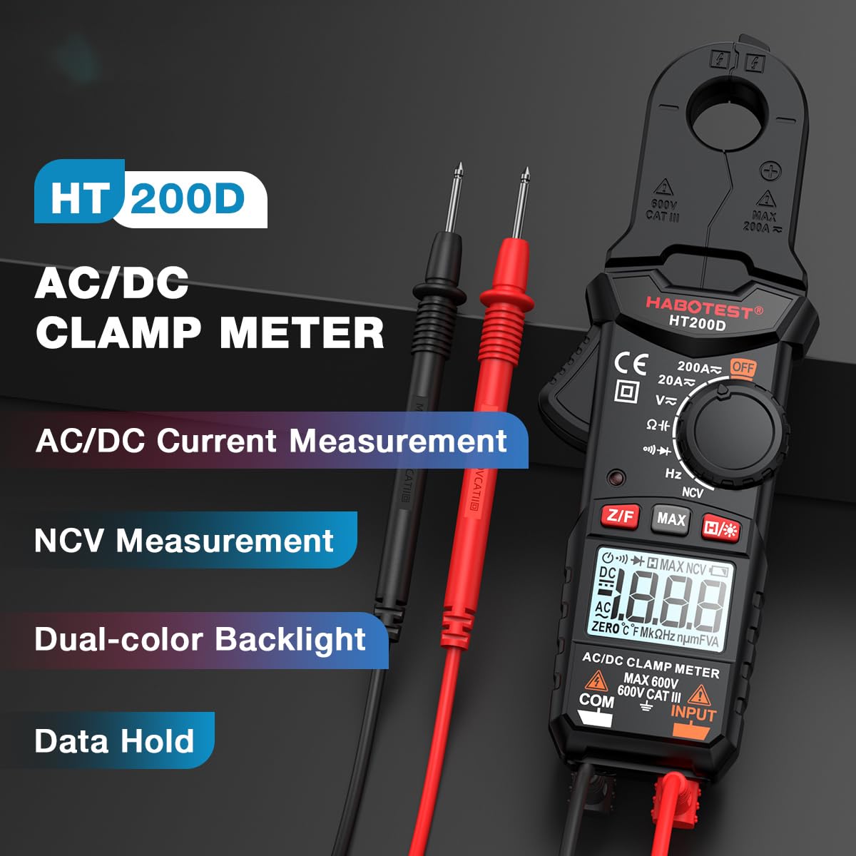 HUIOP HT200D Pinza amperimétrica digital 2000 recuentos eficaz verdadero NCV 600 V Voltaje 200 A Corriente CC/CA Multímetro digital Pinza Medidor de corriente Puede medir resistencia