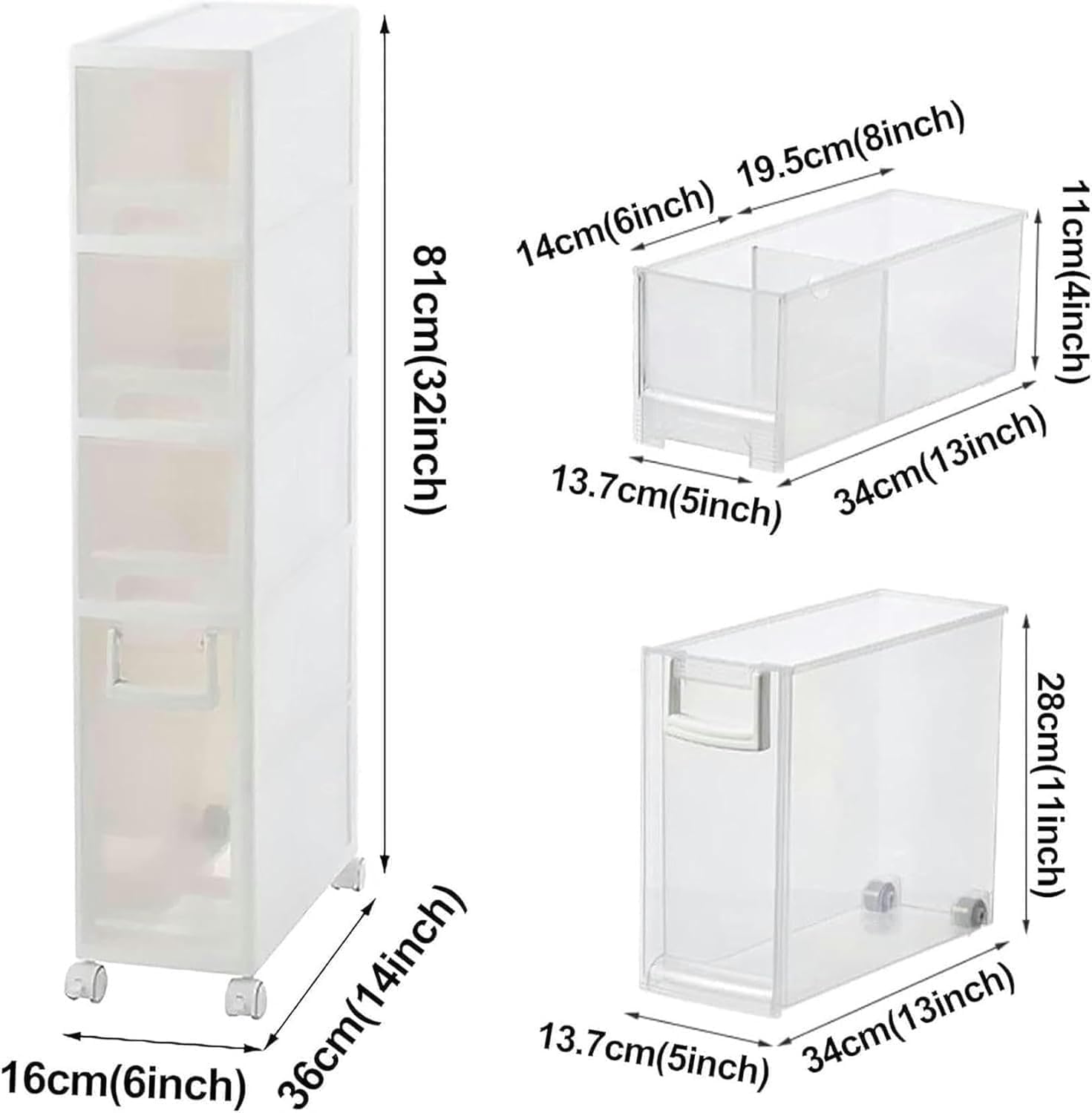 Storage Cabinet Narrow Slim, Skinny Toilet Paper with 4 Plastic Drawers and Casters Large Capacity Vertical Unit(4 Tier,16cm)