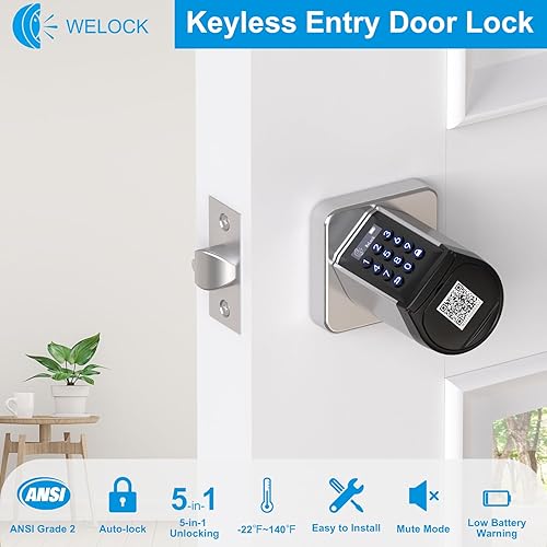 Miniatura 2 de WELOCK - Cerradura inteligente WiFi, perilla de entrada sin llave 5 en 1 con seguridad de bloqueo automático, control de aplicación Bluetooth,