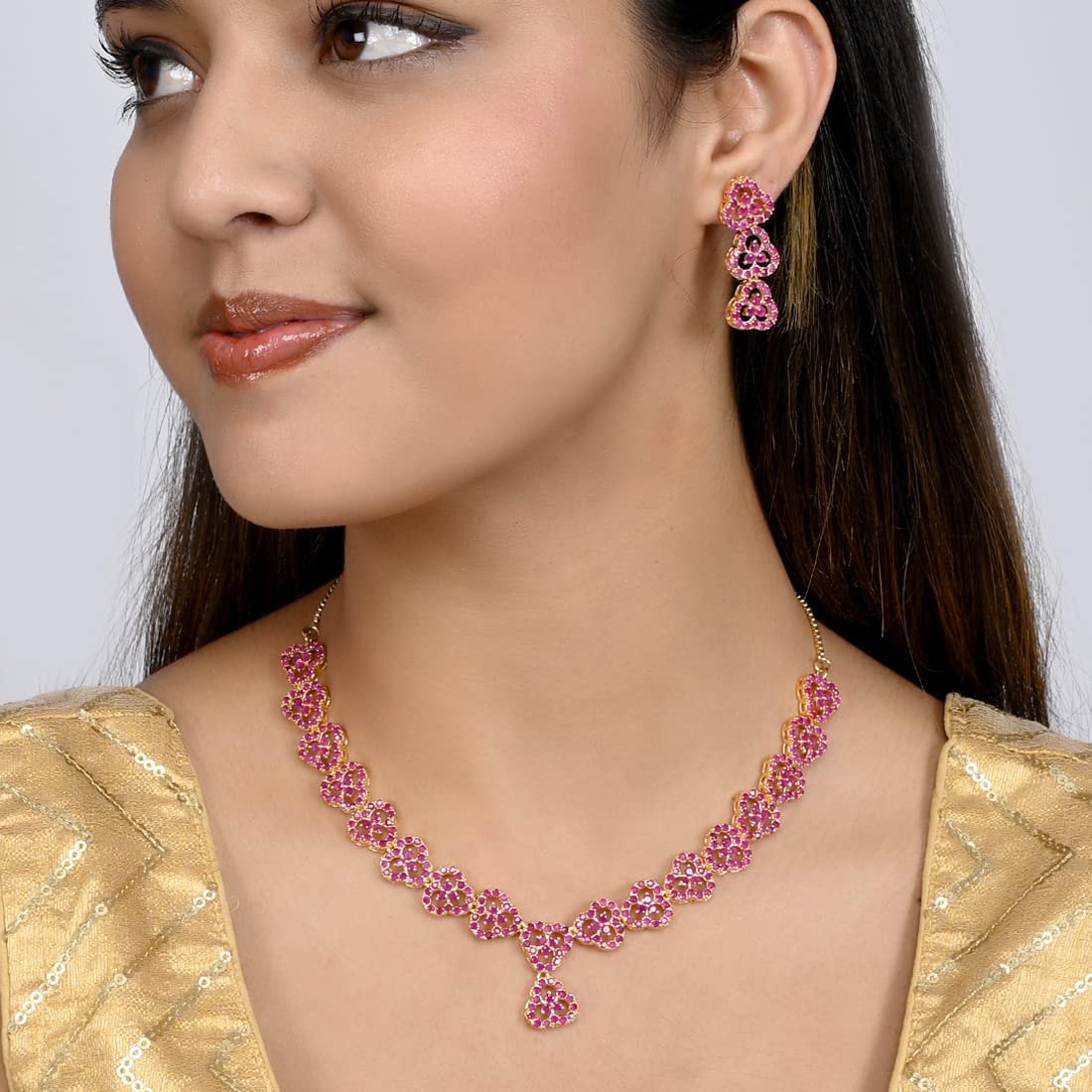 Pink Round Cut Zircons Cutwork Jewellery Set, Sparkling Essentials