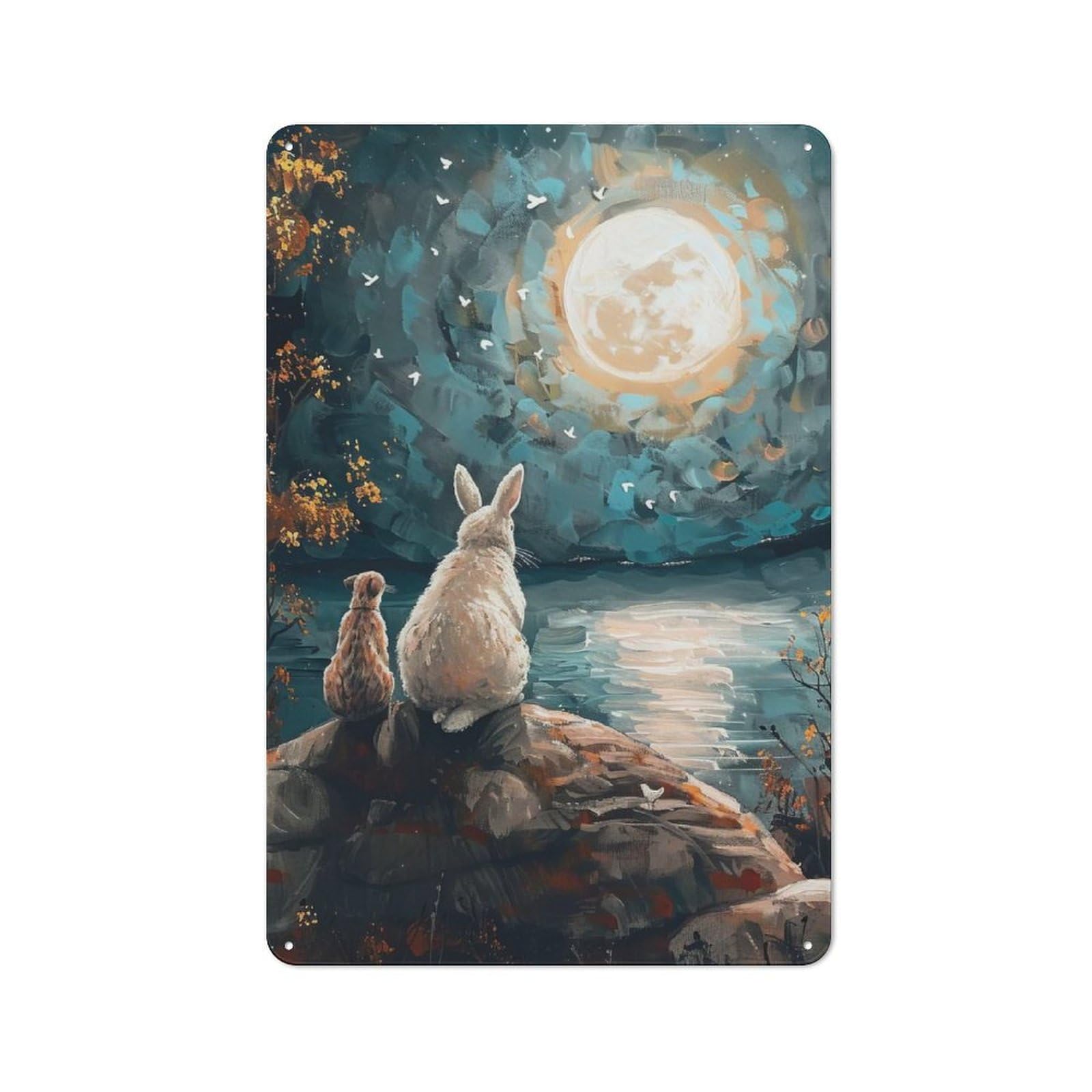 Junmoney Rabbit And Cat Under Full Moon Tin Wall Plaque 30X20cm With For Dining Room Or Kitchen, Tin Sign Wall Decor For Kitchens And Dining Spaces