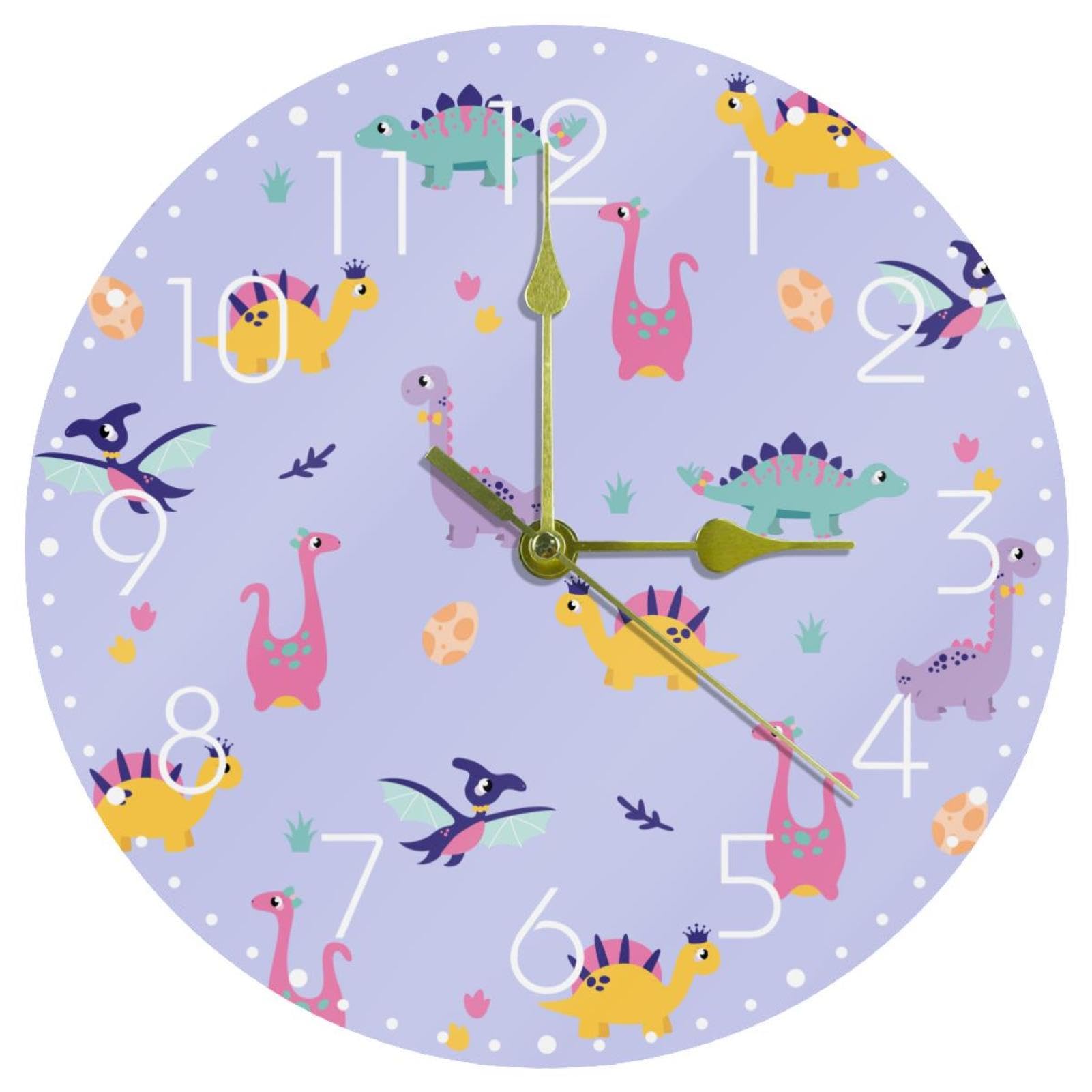 Horloge murale ronde silencieuse en acrylique motif dinosaure violet