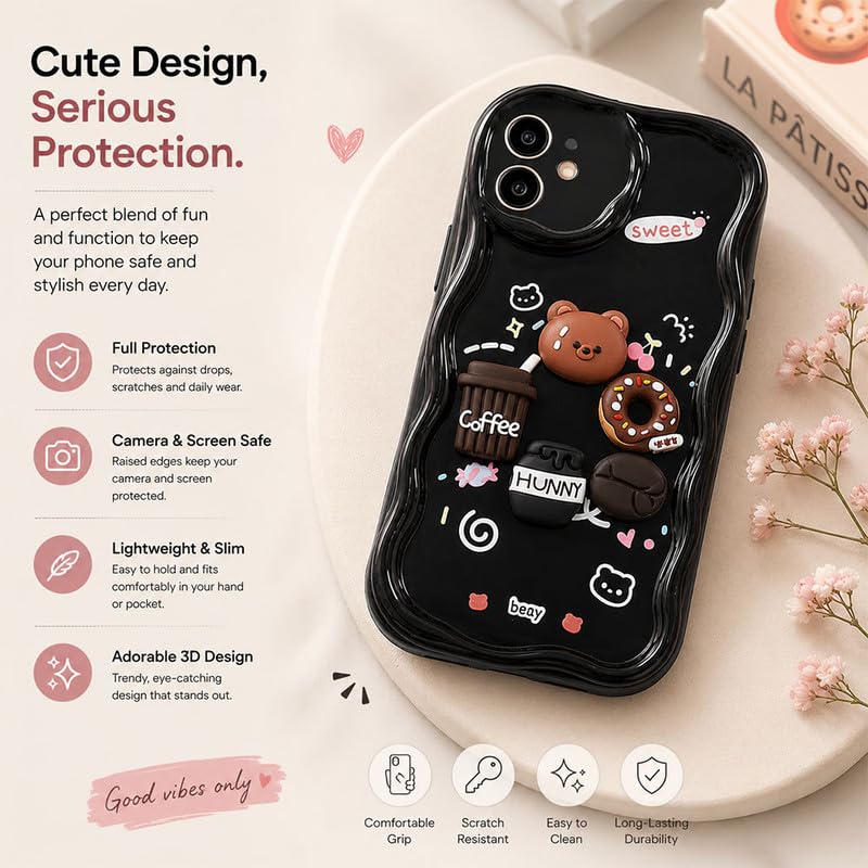 Image of ZR023 Compatible for iPhone 12 Cute Teddy Bear Design Back Cover | Soft Silicone Shockproof Protective Case | Slim Fit Stylish Camera Protection Phone Cover - Black