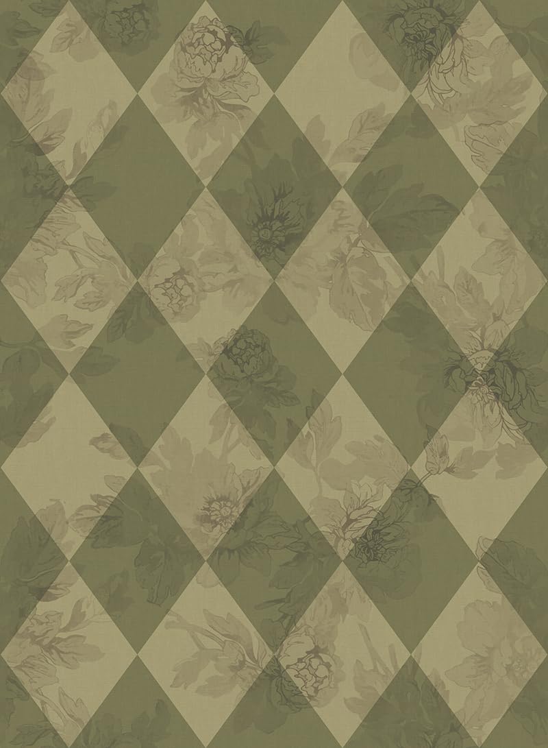 Simon&Siff Retro Plaid Floral Wallpaper Peel and Stick Green Vintage Wallpaper British Geometric Wallpaper for Cabinet Contact Paper 17.3" x 118"
