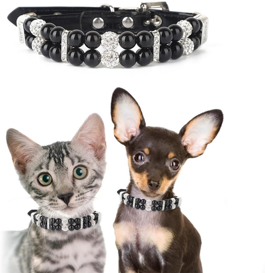 Pearl Dog Collars for Small Dogs, Bling Rhinestone Cat Necklace Cute Crystal Puppy Collars for Small Medium Female Dogs Girl Kitten, Diamond Pet Jewel for Wedding Birthday Party Gift, Black S