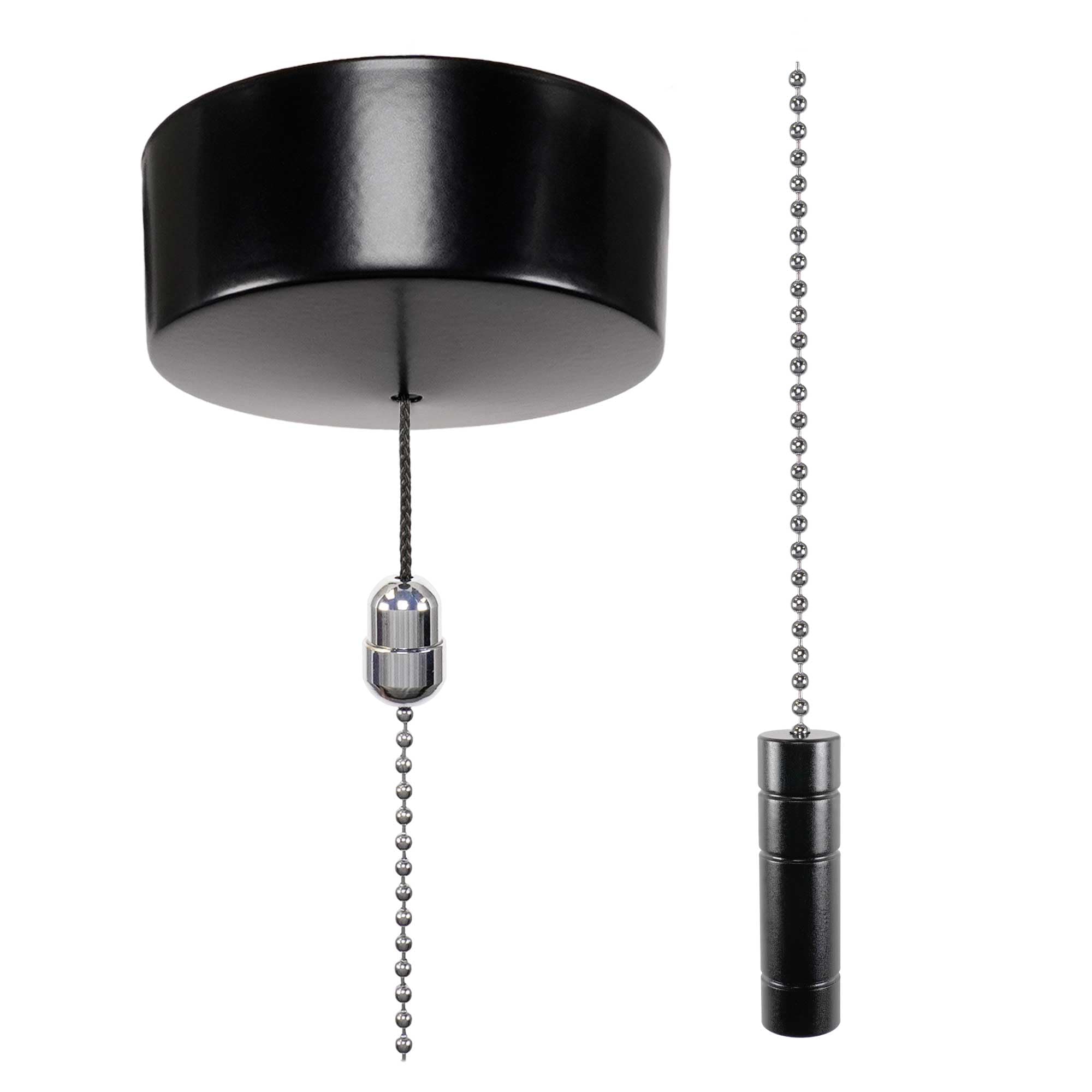 Elektek Black Cylinder Chrome Premium Satin Black Bathroom Light Pull Cord Switch Kit - Chain