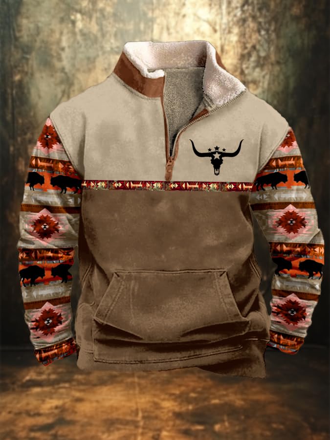 Mens Aztec Cowboy Fleece Sweatshirt Vintage Bull Head Print 1/4 Zip up Hoodie Western Ethnic Trendy Graphic Pullovers2