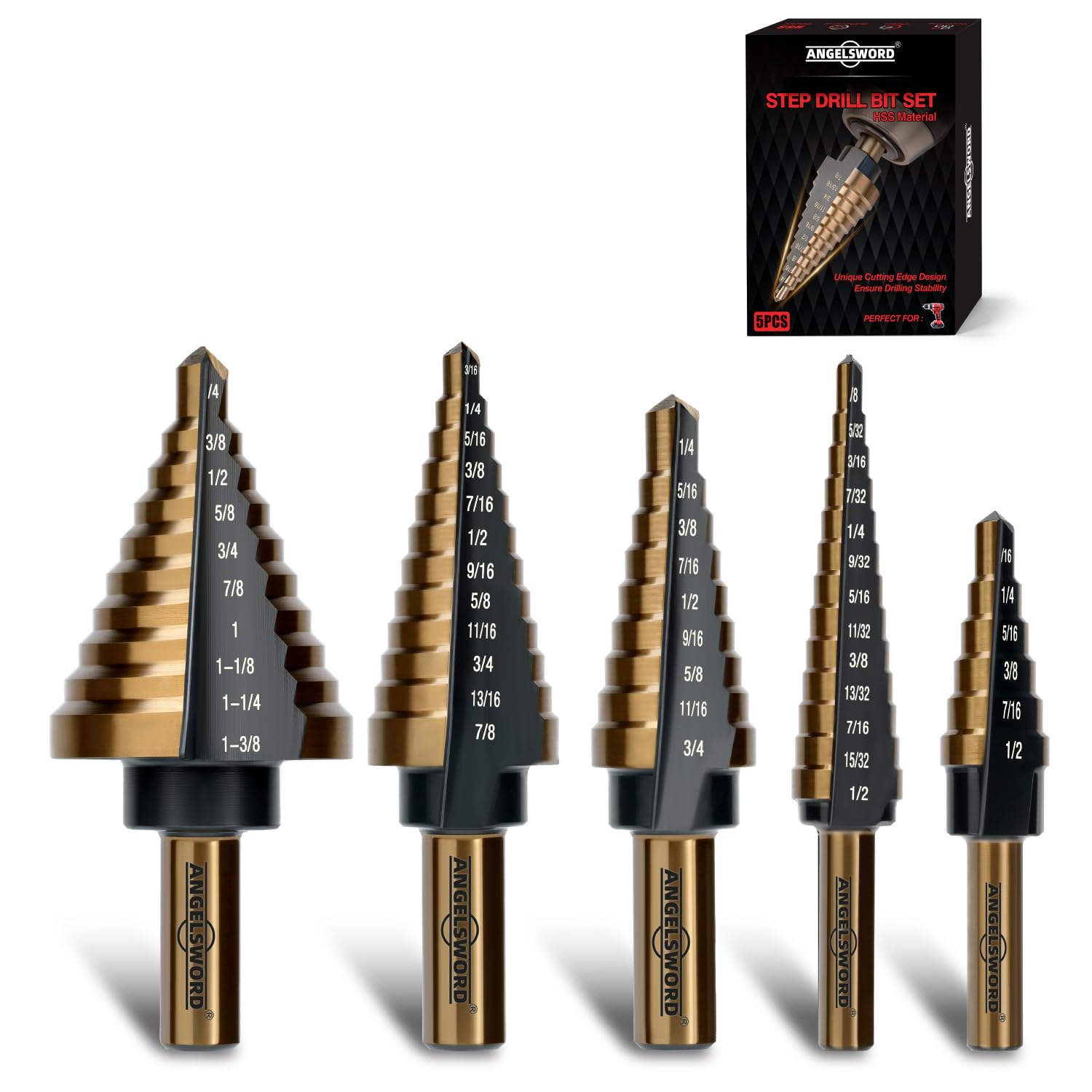 ANGELSWORD Step Drill Bits, 50 Sizes, 5PCS HSS Titanium Coated Step Drill Bit Set for Plastic, Aluminum, Copper, Sheet Metal, with Aluminum Case