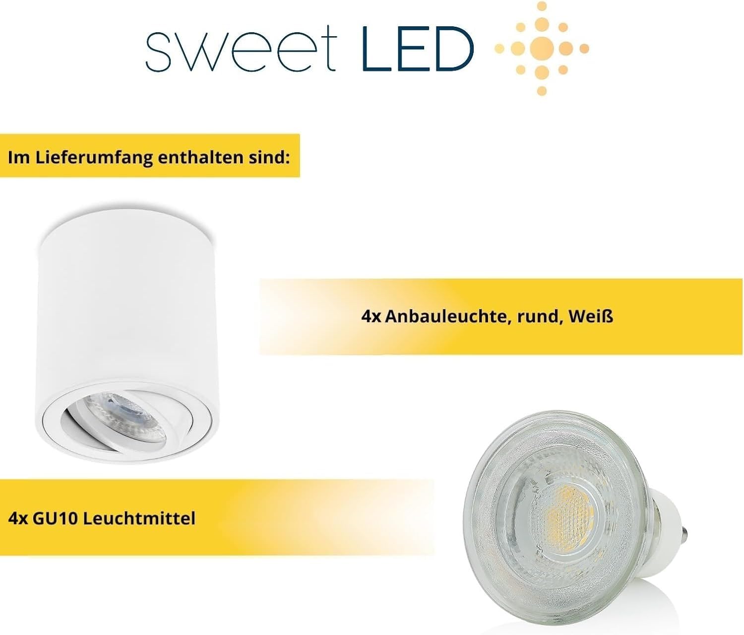 Sweet Led 4er Set Aufbauspot GU10 schwenkbar rund weiß matt – Spots Deckenleuchte inkl. LED 7W 3000K warmweiß, Aufbaustrahler aus Aluminium, Deckenspots Aufputz 230V