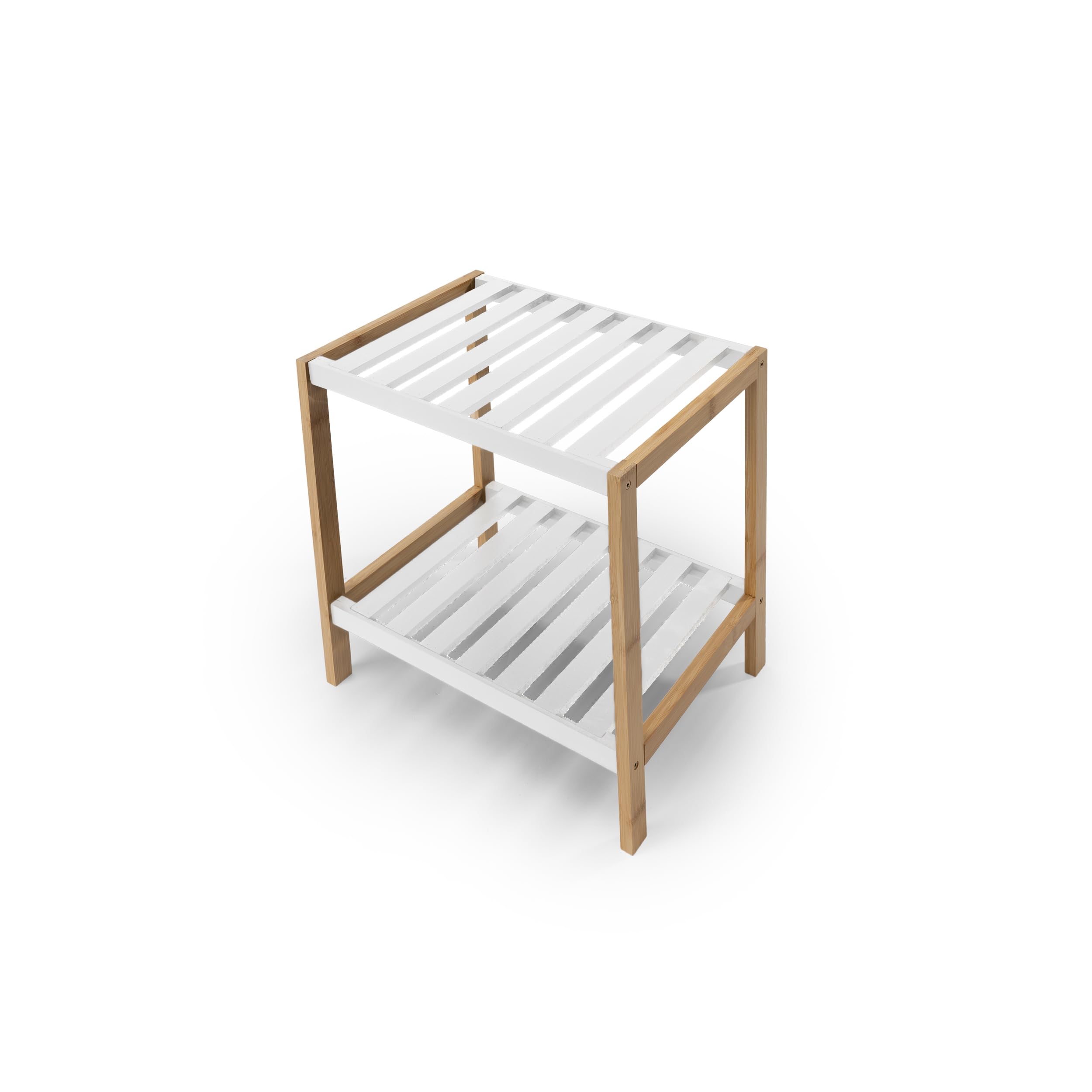 BESCH Estantería de Madera con Marco de Bambú de 2 Niveles 40x35x28cm Desmontable - Estantería Organizador para Baño, Salón, Dormitorio de 2 Estantes Blanco
