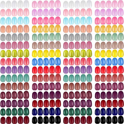 1440 Pieces Short Press on Nails Oval False Nail Fingernail Full Cover Glossy Artificial Fake Nail Solid Color Fake Fingernail Art Kit for Women Girls Nail Decorations, 60 Sets