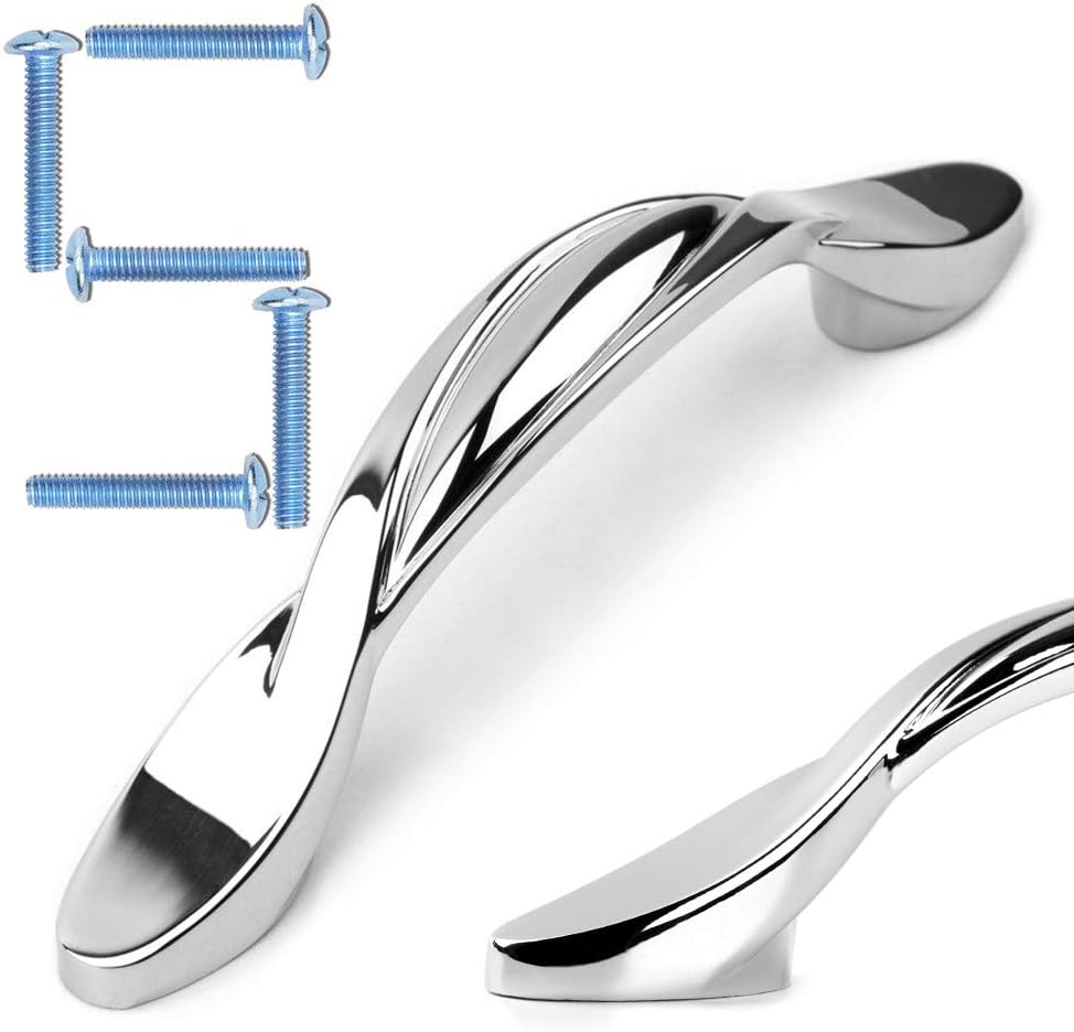 KOOFIZO Twisted Cabinet Bow Pull - Chrome Furniture Handle, 3 Inch/76mm Screw Spacing, Pack of 5 for Kitchen Cupboard Door, Bedroom Dresser Drawer, Bathroom Wardrobe Hardware